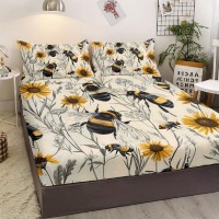 3PCS Botanical Floral Printed Bed Fitted Sheet Set, Yellow Bedding Set, Cute Bee,1 Fitted Sheet, 2 Pillow Cases 3PCS Botanical Floral Printed Bed Fitted Sheet Set, Yellow Bedding Set, Cute Bee,1 Fitted Sheet, 2 Pillow Cases