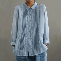 Womens Cotton-Linen Long-Sleeve Loose Shirt With Lace Trim