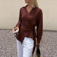 Womens Loose, Casual, Retro, Asymmetrical, Solid-Color Shirt With Ties