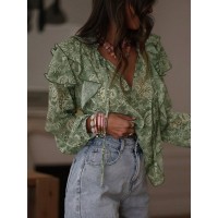 Womens Floral Print V-Neck Long-Sleeve Patchwork Ruffle-Trim Loose Shirt