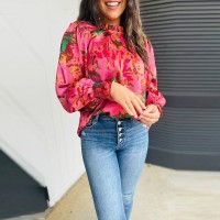 Color-block Printed Long-sleeve Top Womens Stand-collar Chiffon Blouse