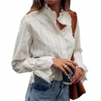 French Stand Collar Ruffle Bell Sleeve Embroidered Jacquard Shirt