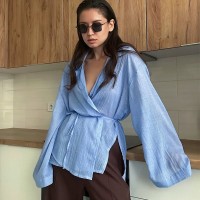 Stylish Design-forward Loose-fit Long-sleeve Shirt With A Turn-down Collar And Tie Details Stylish Design-forward Loose-fit Long-sleeve Shirt With A Turn-down Collar And Tie Details