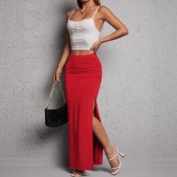Solid-color High-waisted Elegant Pleated Slit Midi Skirt Solid-color High-waisted Elegant Pleated Slit Midi Skirt