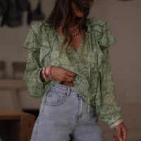 Womens Floral Print V-Neck Long-Sleeve Patchwork Ruffle-Trim Loose Shirt