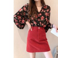Womens Retro Loose Chiffon Floral Shirt