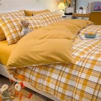 Pure Color Washed Cotton Four-piece Set Of Plaid Striped Sheets Quilt Cover Bedding Pure Color Washed Cotton Four-piece Set Of Plaid Striped Sheets Quilt Cover Bedding