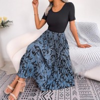 Womens Casual Leaf-Print High-Waisted Pleated Midi Dress