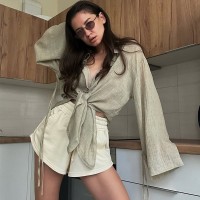 Stylish Design-forward Loose-fit Long-sleeve Shirt With A Turn-down Collar And Tie Details Stylish Design-forward Loose-fit Long-sleeve Shirt With A Turn-down Collar And Tie Details