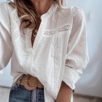 Women's Stand Collar Puff Sleeve Lace Cotton-Linen Embroidered Shirt