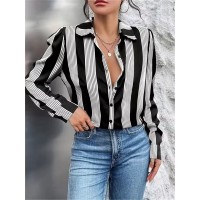 Womens Fashion Striped 3D-Printed Long-Sleeve Shirt