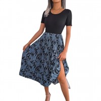 Womens Casual Leaf-Print High-Waisted Pleated Midi Dress